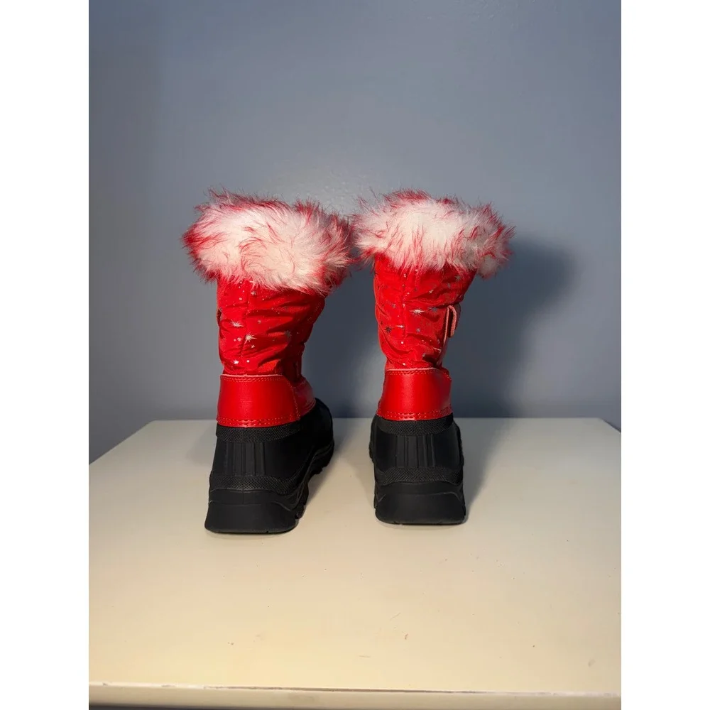 KSNOW Kids Red Black Faux Fur Trim Winter Snow Boots Size 2 Star Print Zip Up